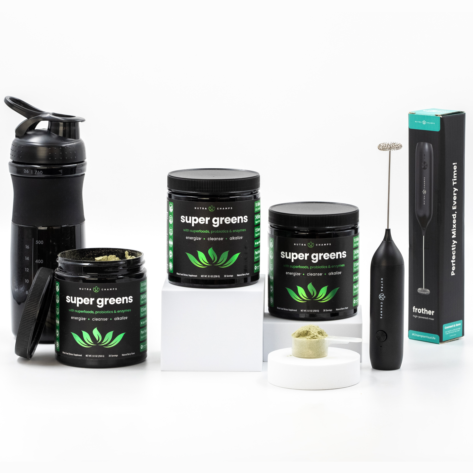 Super Greens x 3, Shaker Bottle & Frother Wand
