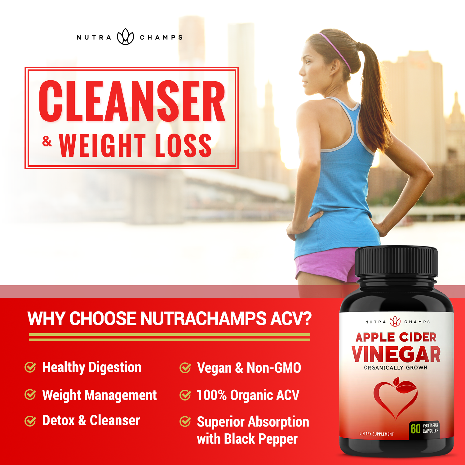 Graphic of a Female Runner outside with the NutraChamps Apple Cider Vinegar Supplement Bottle in the bottom right Corner beside listed benefits of the NutraChamps Apple Cider Vinegar Supplement Bottle 
