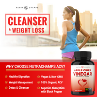 Graphic of a Female Runner outside with the NutraChamps Apple Cider Vinegar Supplement Bottle in the bottom right Corner beside listed benefits of the NutraChamps Apple Cider Vinegar Supplement Bottle 