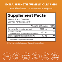 Turmeric Curcumin Capsules Supplement Facts label and product information
